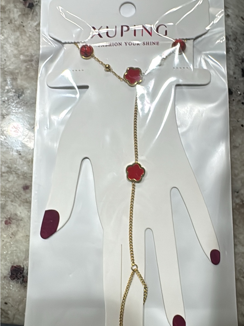 14K Gold laminated Chain Hand Bracelet with Red Flower Accents